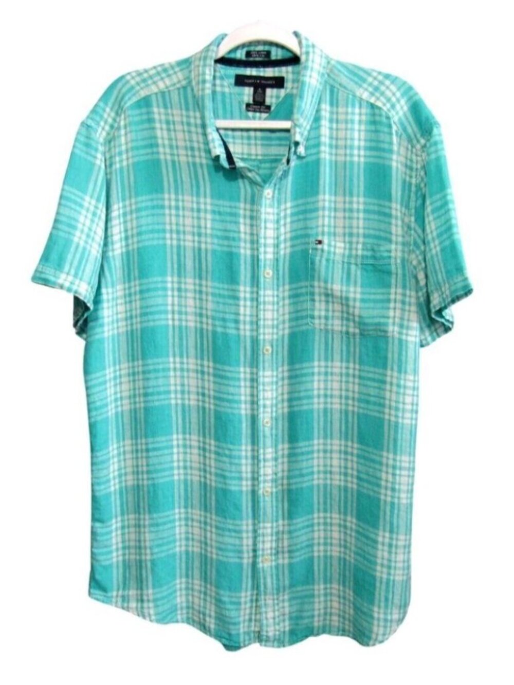 Tommy Hilfiger 100% Linen Custom Fit Green White Plaid Short Sleeve Shirt Sz XL